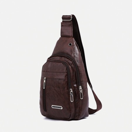 Male sling bag, artificial leather, headphone opening, brown color-2