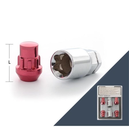 Secret nut M12X1.25, 32, cone, closed, red, 4 pcs +2 keys