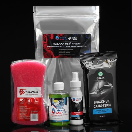 A gift set for complex care for the Grand Caratt car, a set of auto chemistry: a shampoo-pupercontact Poloring 250 ml, tires of tires 100 ml, wet wipes for glasses and mirrors of 20 pcs, Automobile sponge 19 x 11 x 6 cm-2