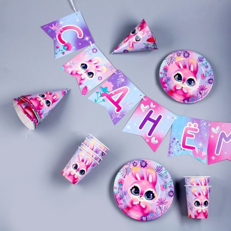 A set of paper dishes is a disposable bunny ”: 6 plates, 1 garland, 6 glasses, 6 caps-2