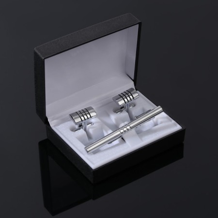 Set of male "cufflink + tie clip" quartet, silver color