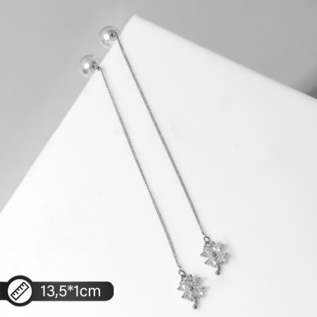 Earrings with pearls "chains" flower and bead, white color in silver, ball No. 10