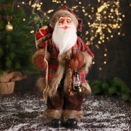 Santa Claus "in a red checkered fur coat, with a flashlight and twigs" 45 cm