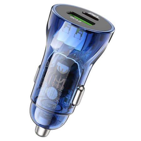 Hoco Z47A car charger, transparent, Type-C, USB, 30 W, PD+Qc, blue-3