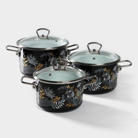 Set of pan Magia, 2 l, 3 l, 4 l, glass cover, induction, black