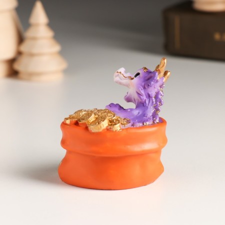Souvenir Polystone "Violet Dragon in a bag with coins" 5x3.7x4.8 cm-2
