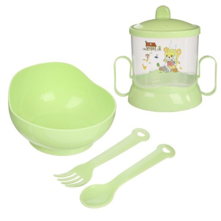 A set of children's dishes, 4 items: bowl, spoon, fork, chip with solid nose 200 ml, MIX color-8