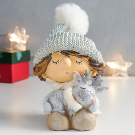Souvenir Polystone "Boy in a gray hat with a sleeping deer" 8.5x8.5x12.5 cm