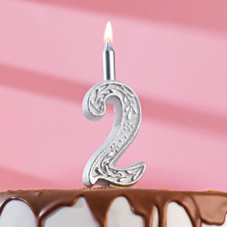 Candle for the cake the number "Silver Pattern", 10.2 cm, digit "2"