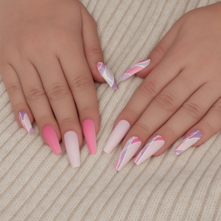 Follow nails "Pink mood", 12 pcs, with adhesive plates, ballerina shape, multi -colored-8