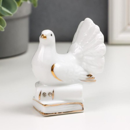 Souvenir ceramics "White dove on books/gift" with gold, rhinestones 7.5 cm mix-1