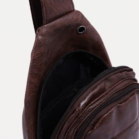 Male sling bag, artificial leather, headphone opening, brown color-5