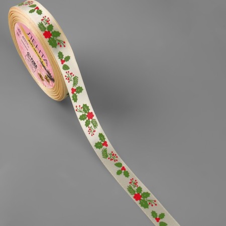 Satin tape "Omel", 15 mm, 23 ± 1 m, beige/green/red No. 123-1