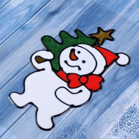 Stick on glass "Snowman with a Christmas tree" 9x14.5 cm-1