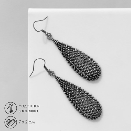 Hanging earrings "relief" volumetric drops, color black silver, 7 cm