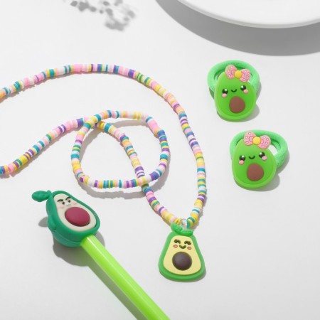 Set of children's "chosen" 5 items: 2 elastic bands, pendant, bracelet, pen, avocado, colored-2