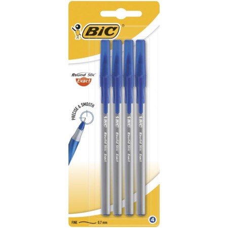 A set of ballpoint pens 4 pcs., Bic Round Stic Exact, rubber emphasis, 0.7 mm, blue ink, blister