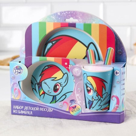 A set of children's bamboo dishes, 5 objects: plate, fork, spoon, glass, bowl "Rainbow Dash", My Little Pony-7