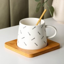 Ceramic mug with a spoon on a wooden stand “Future”, 240 ml, white color