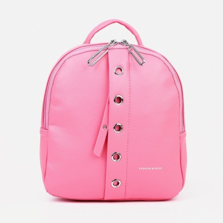 A backpack with a zipper, 4 external pockets, pink color