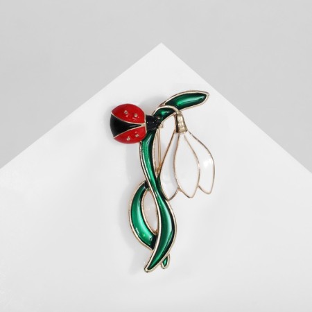 Brooch "Flower" snowdrop with God's cow, color in gold