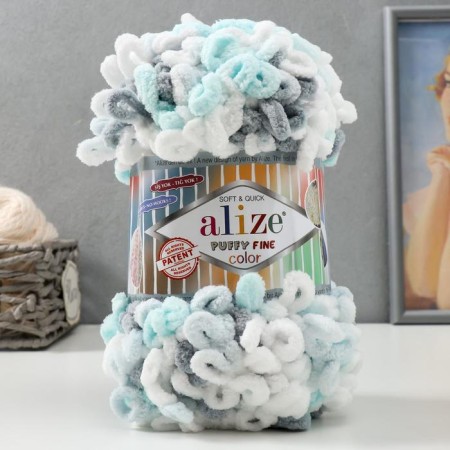 Yarn "Puffy fine color" 100% micropoliester 14.5m/100g (5939 Belo-Biryuzov)