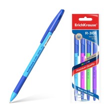 A set of ballpoint pens 4 pieces Erichkrause R-301 Neon Stick & Grip, node 0.7 mm, blue, rubber emphasis, letter length of 1000 meters, euro suspension