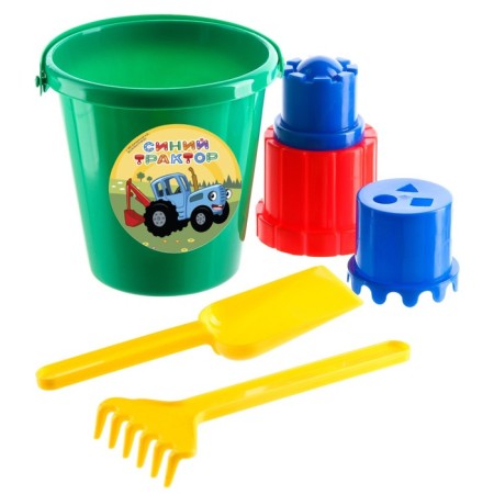 Sanding set in a backpack, blue tractor, rake, scoop, 3 molds, bucket 1 liter-1