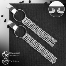 Hanging earrings with “Hollywood” rhinestones with threads, white color in silver, 9 cm