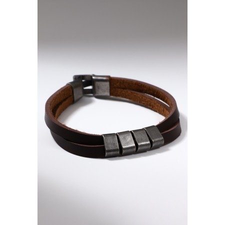 Bracelet Leather "Mulan" 4 links, brown color in black silver, l = 20.5 cm-2