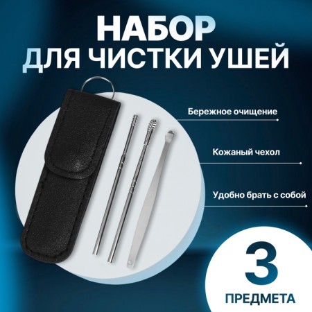 Ear cleaning set, 3 objects, 9 × 2.8 × 1.3 cm, in case, silver color