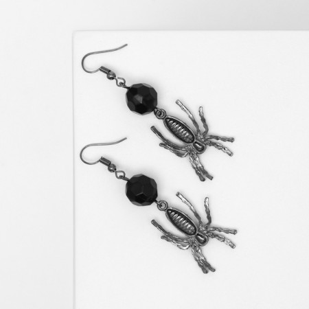 Earrings "Spiders" with bead, black-gray color in silver-3