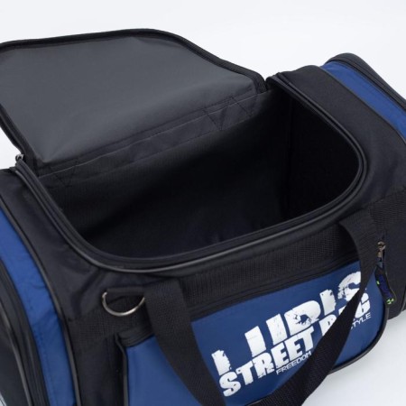 Road bag with lightning, 3 outer pockets, long belt, black/blue color-3