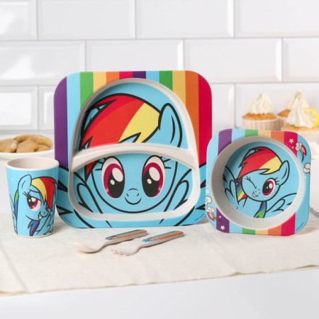 A set of children's bamboo dishes, 5 objects: plate, fork, spoon, glass, bowl "Rainbow Dash", My Little Pony-2