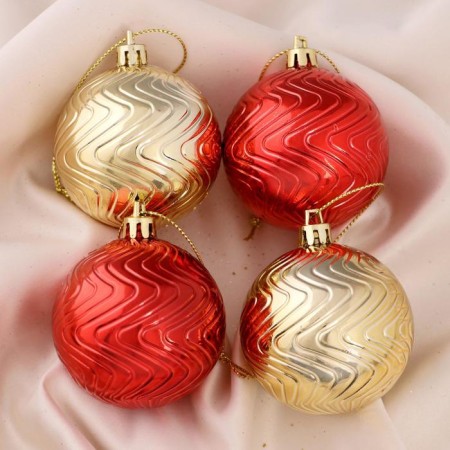 Set of balls plastic D-6 cm, 4 pcs "wavy faces" of red-gold