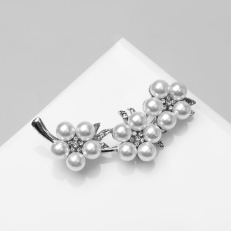 Brooch "Flower Trio" pearls, white color in silver-2