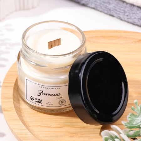 Aromatic candle made of soy wax in a bank, 75 g, green tea-5