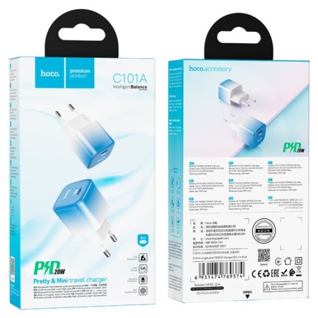 Network charger Hoco C101A, 1 Type-C, 20 W, PD + Qc, Blue-7