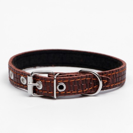 Leather collar with embossing on synthetic winterizer, 46 x 2 cm, Osh 25-35 cm, brown-1