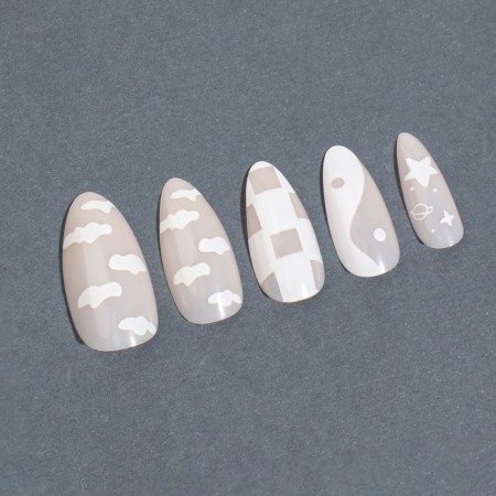 Nude overhead nails, 12 pcs, with adhesive plates, almond shape, beige/white color-5