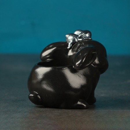 Figure Kashpo "Bunny with a hare" black with silver, 10cm-2