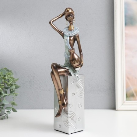 Souvenir Polystone "African with a jug, on the stand" Silver Pattern - circles 10.5x8x33.5 cm