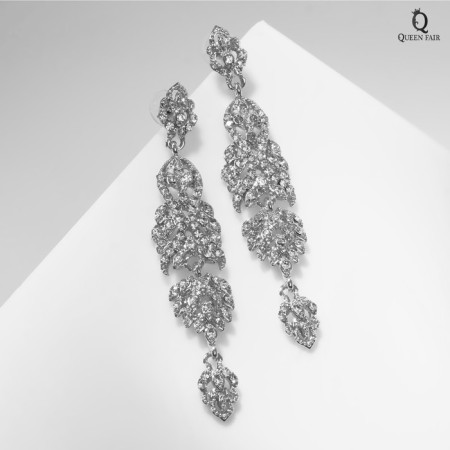 Hanging earrings with rhinestones "openwork" delight, white color in silver, 9 cm-1
