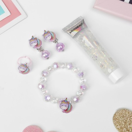 Set of children's 4 items: clips, ring, bracelet, glitter "unicorn", color-1