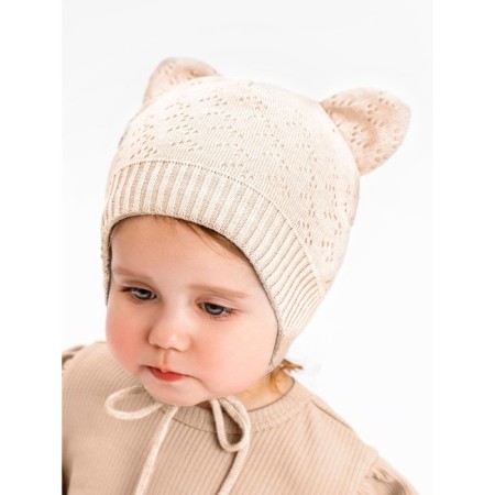 A cap on ties with ears Children's Amarobaby Pure Love Kitten, with a lining, size 46-48 cm, milk color-5