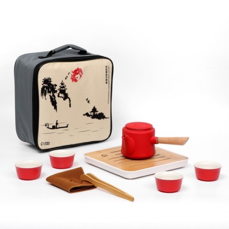 A set for the tea ceremony 9 items, 4 people, a cup of 40 ml, a kettle 250 ml, red-1
