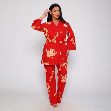 Female set (robe/top/pants), red color, size 48