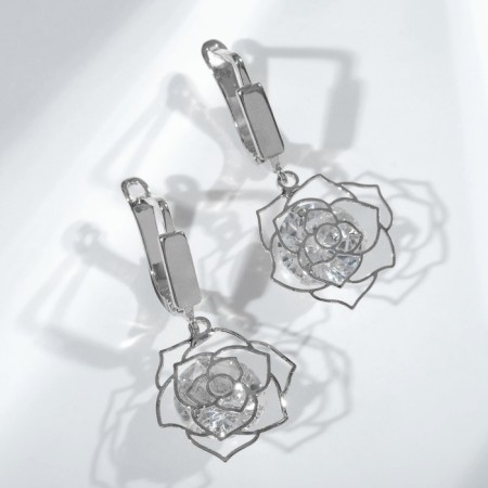 Earrings with zirconium rhinestones, white color in silver-1
