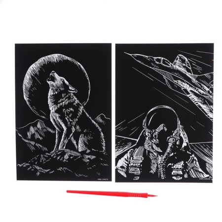 A set of engravings "Wolf and Pilot" with a metallic effect "Gold", 2 pcs., A5-1