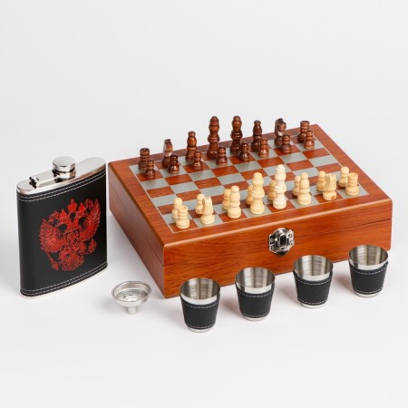 Set 7 in 1: Flaw 8 OZ, with the emblem, 4 glasses, funnel, chess, 18 x 24 cm-2